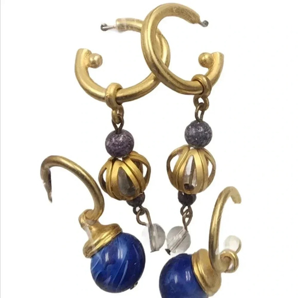 Vintage 60s-70s Blue Stone Hoop Dangle Drop Beaded Earrings Set of Two Gold Tone - Picture 1 of 2
